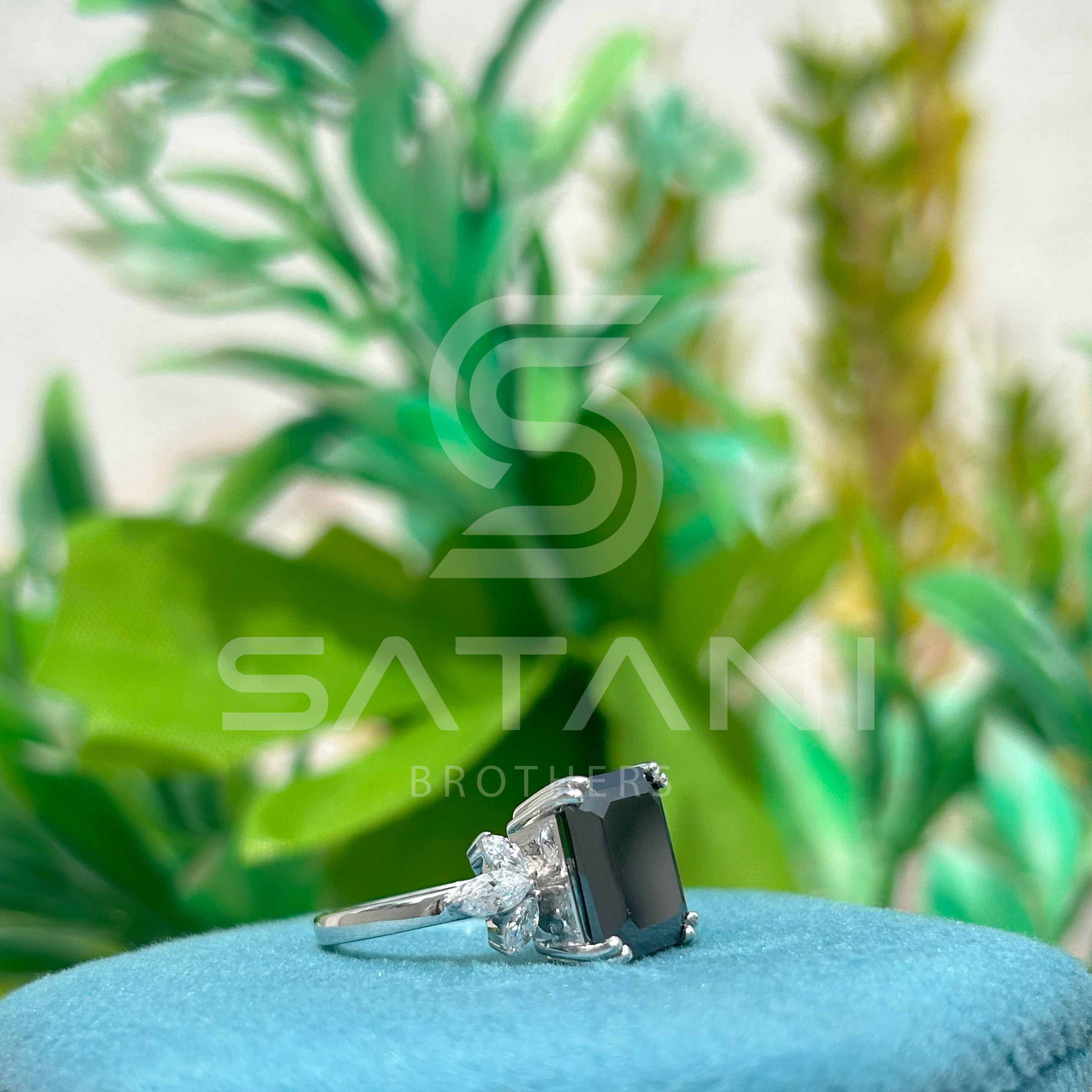Emerald Cut Black Moissanite Engagement Ring – Unique Floral Leaf Accent Moissanite Jewellery in White Gold, Modern Statement Ring by Satani Brothers