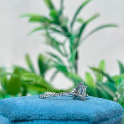 Classic Moissanite Solitaire Engagement Ring | 6-Prong Round Cut with Pave Band | Dainty Sparkling Proposal Ring | Timeless Bridal Jewelry