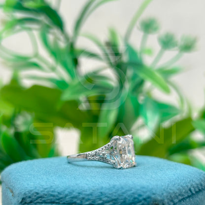 "Emerald Cut Moissanite Engagement Ring with Side Accents in Sterling Silver"