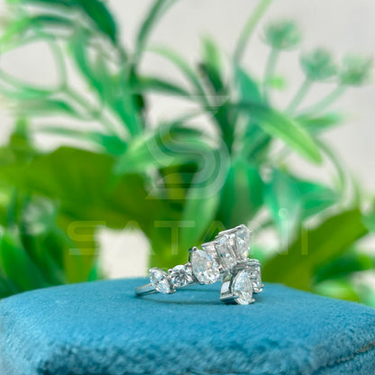 Diamond Band Ring with Emerald, Round, Pear & Marquise Cut Stones | 925 Silver Multi-Shape Diamond Ring | Elegant Anniversary or Wedding Band
