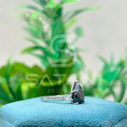 Pear Shape Black Diamond Three Stone Engagement Ring with Baguette Side Stones