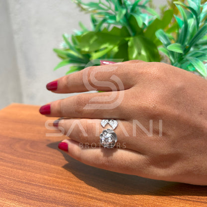 "Floral Bypass Diamond Ring – Adjustable Petal Design with Brilliant Round Center Stone"