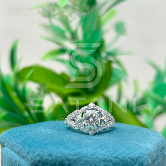 Cushion Cut Moissanite Engagement Ring 6.5mm Center with Round & Princess Side Stones | 10K White Gold Vintage Halo Bridal Ring