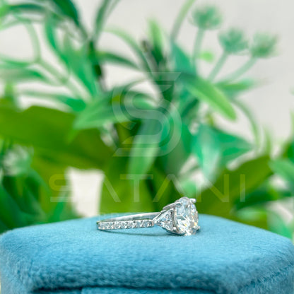 14K White Gold Moissanite Engagement Ring | 9mm Round Center Stone with Trillion Side Stones & Pave Band | Classic Three Stone Ring
