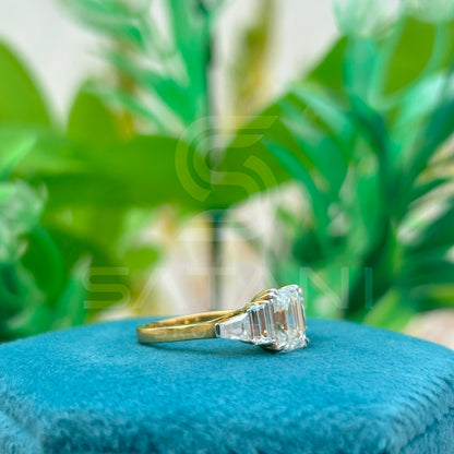 Five Stone Emerald Cut Moissanite Engagement Ring – Baguette & Tapered Baguette Side Stones, 14K Yellow Gold Classic 5 Stone Ring