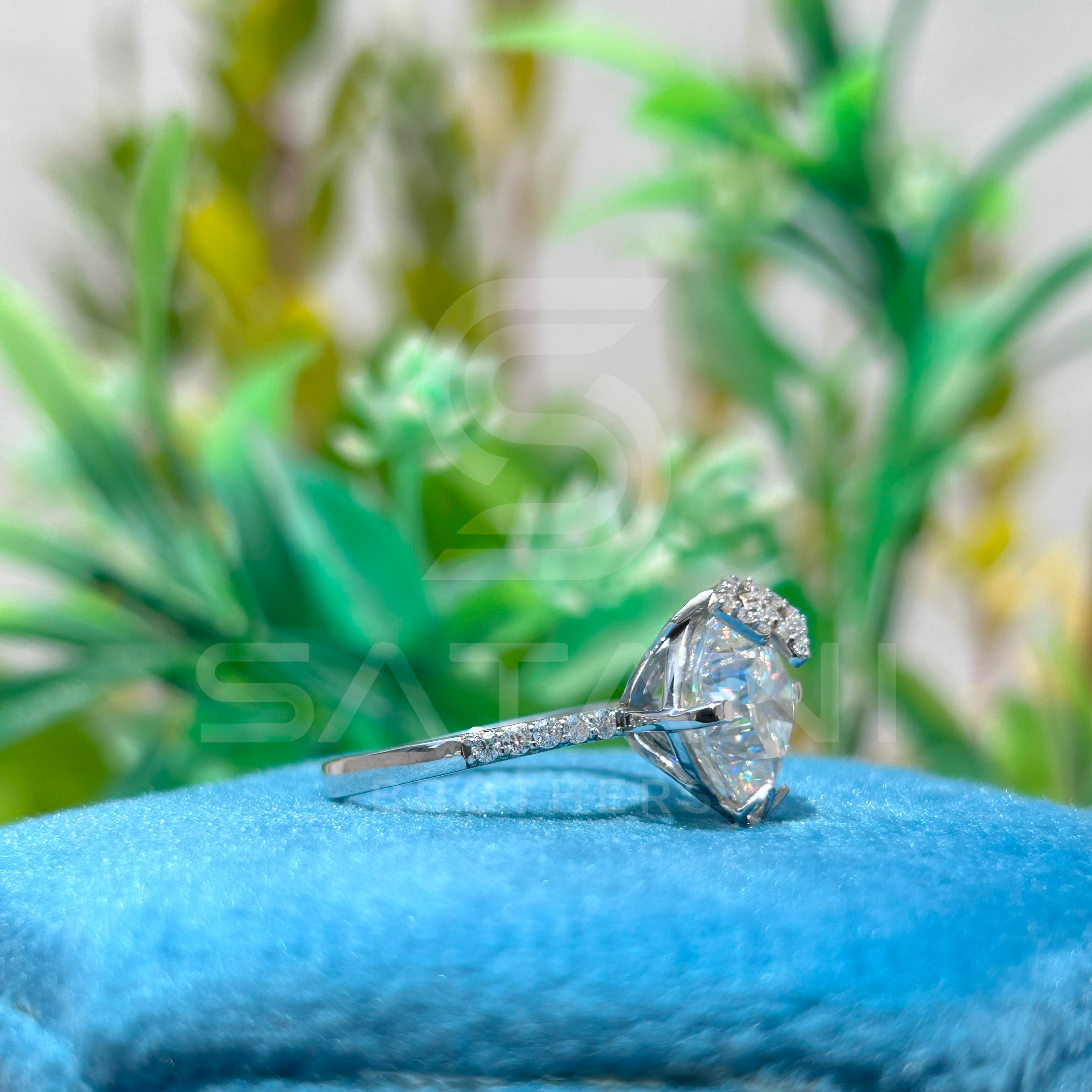 Cushion Cut Diamond Engagement Ring – 10x10mm Solitaire with Pave Band, Elegant Bridal Ring