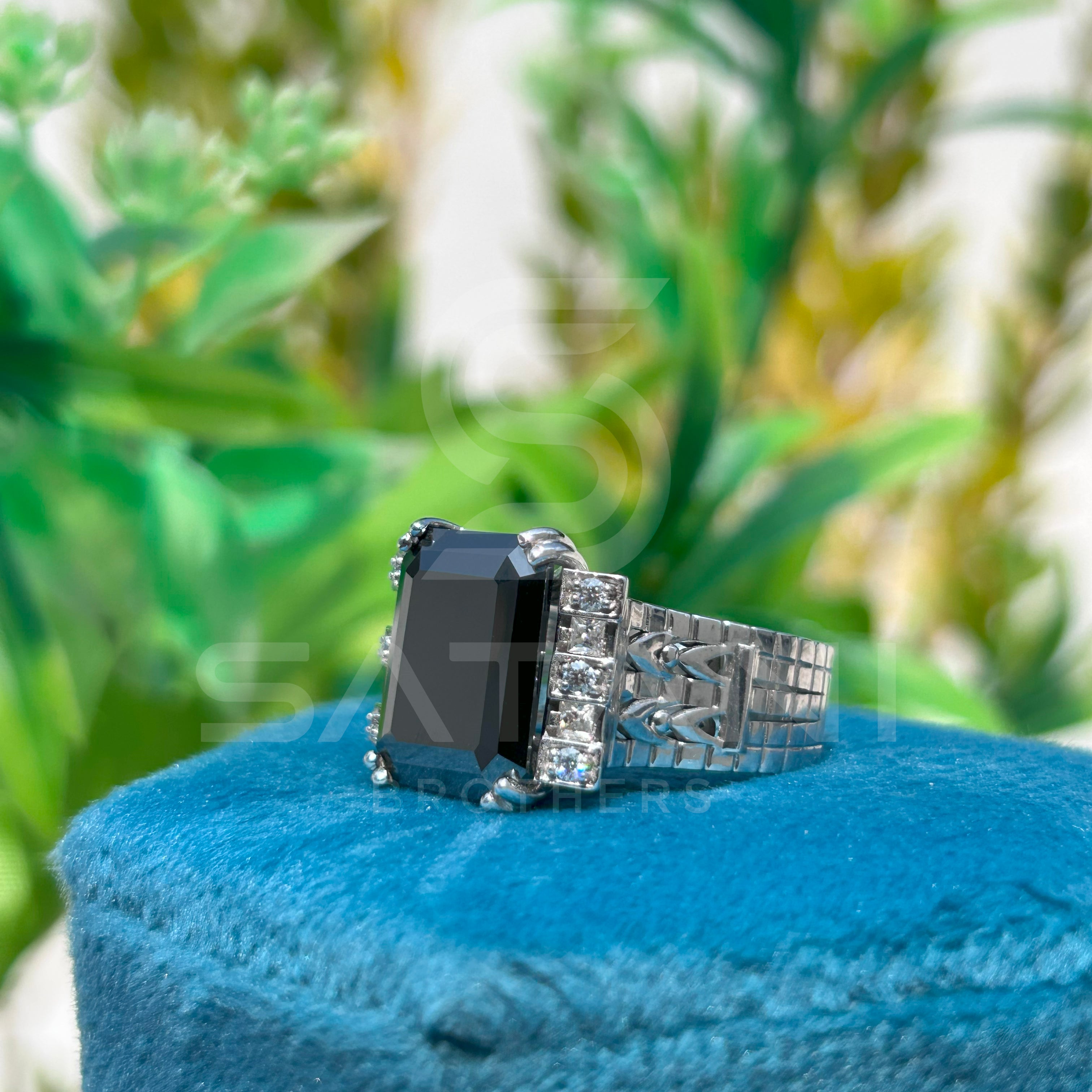 Men’s Black Onyx Emerald Cut Ring – Vintage Art Deco Statement Ring with Side Stones