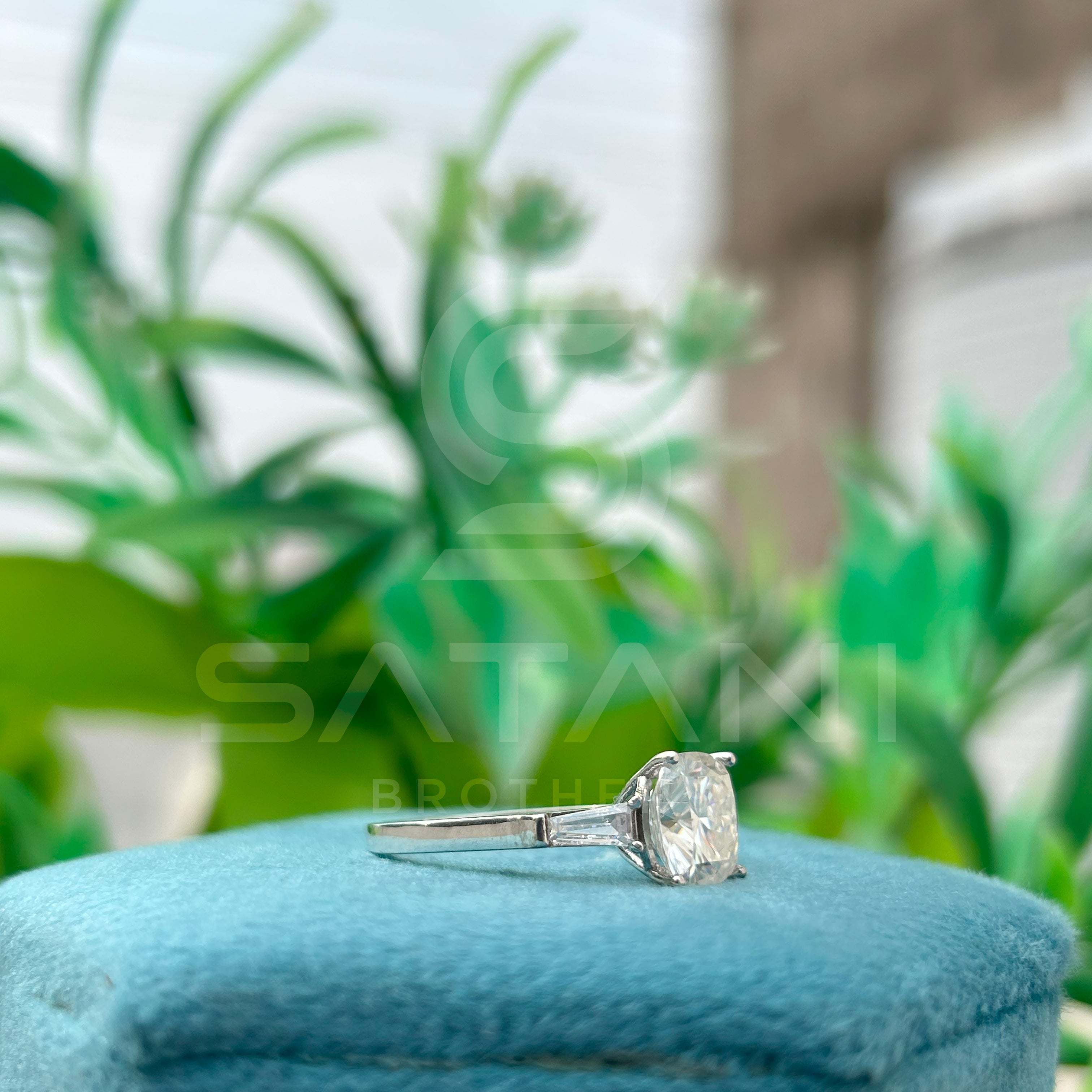 Cushion Cut Diamond Engagement Ring with Baguette Side Stones | 925 Silver Solitaire Ring | Classic Three Stone Diamond Ring for Women