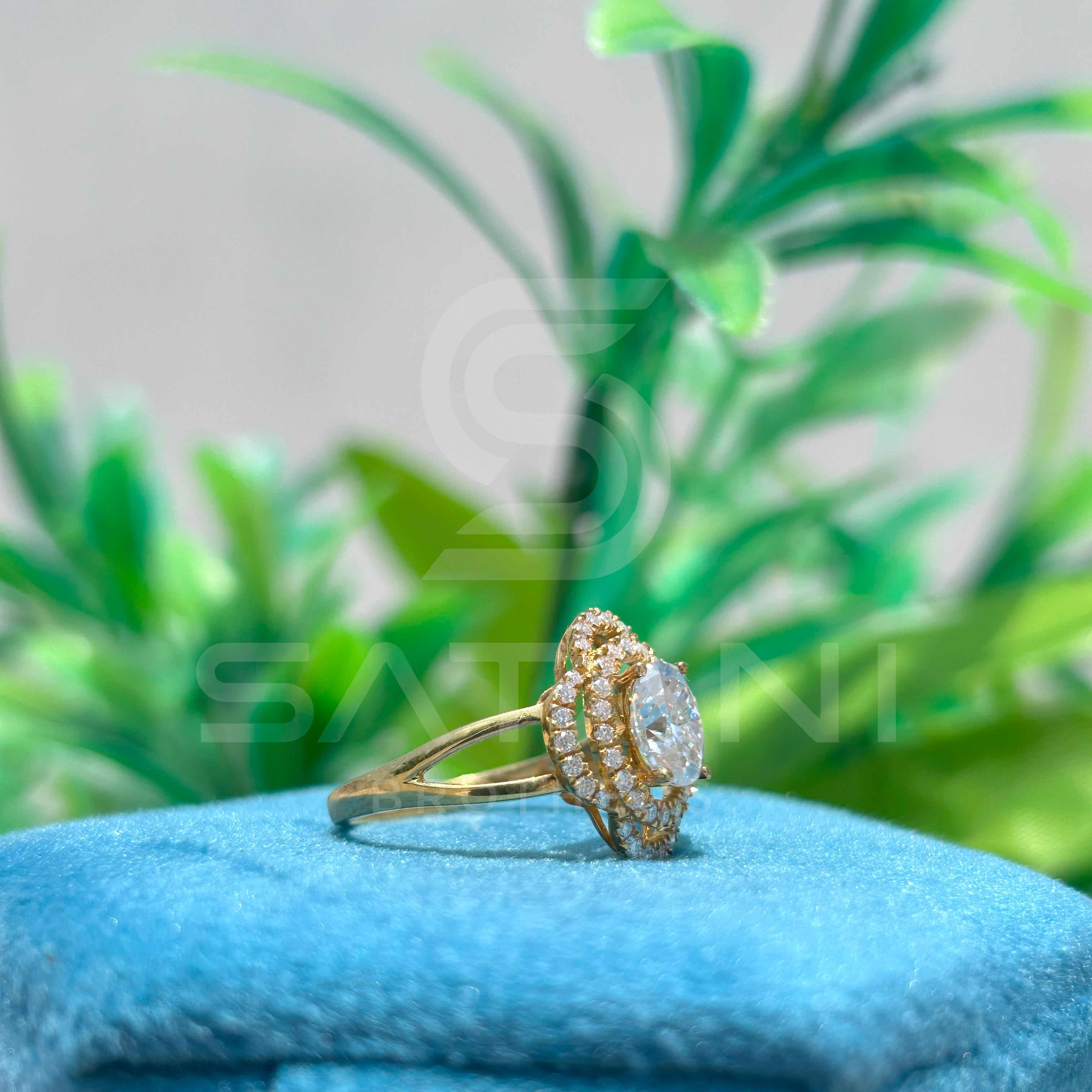 Oval Cut Moissanite Halo Engagement Ring – Double Halo Split Shank Vintage Style Moissanite Jewellery in Yellow Gold, Elegant Bridal Ring by Satani Brothers
