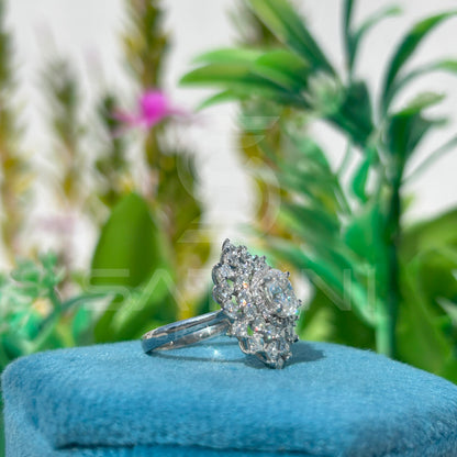 Floral Halo Moissanite Ring | Oval Center with Round & Princess Accents | Regal Engagement or Party Ring