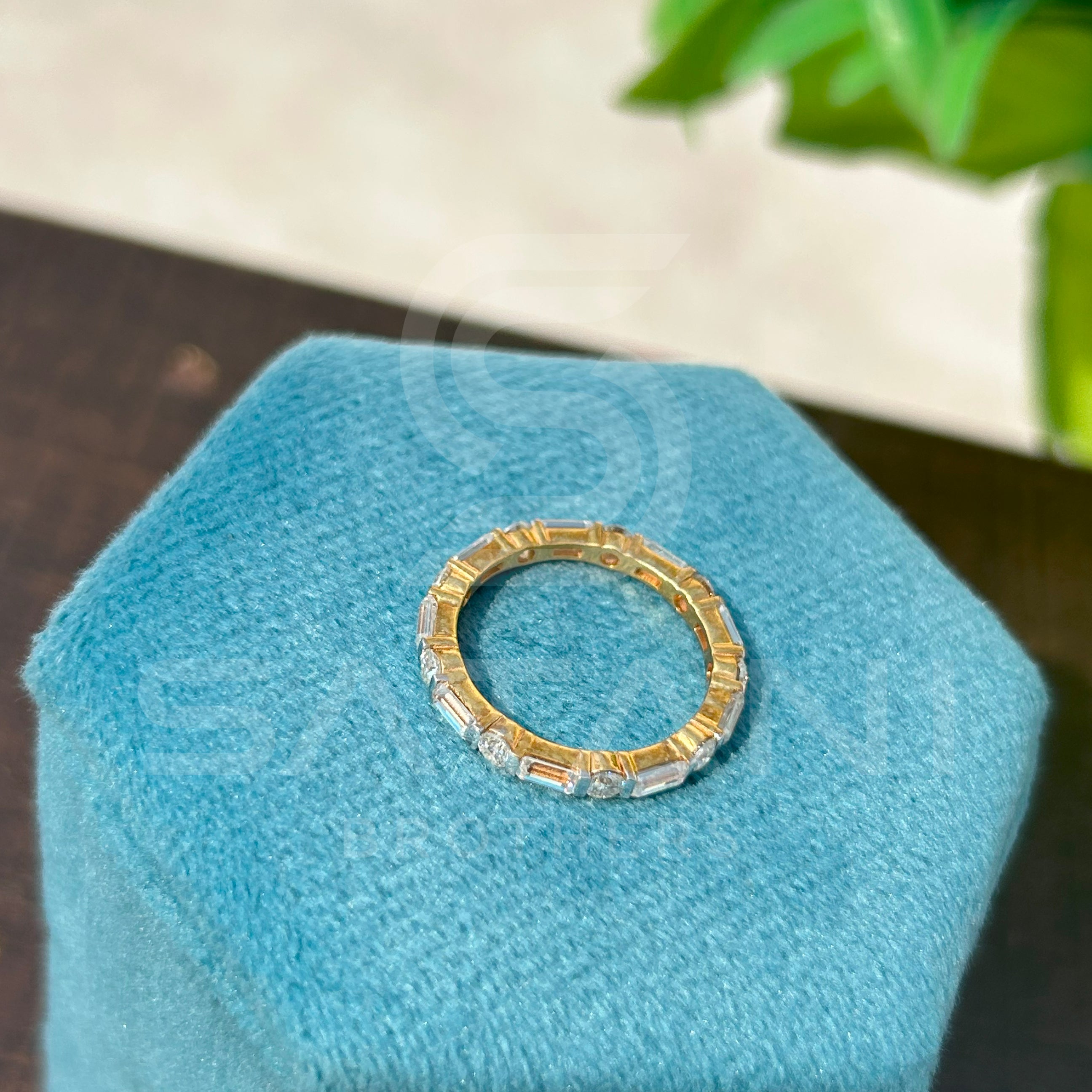 “Gold Eternity Band with Round & Emerald Cut Diamonds – Dainty Full Eternity Ring, Unique Stacking Band, Anniversary or Wedding Ring”