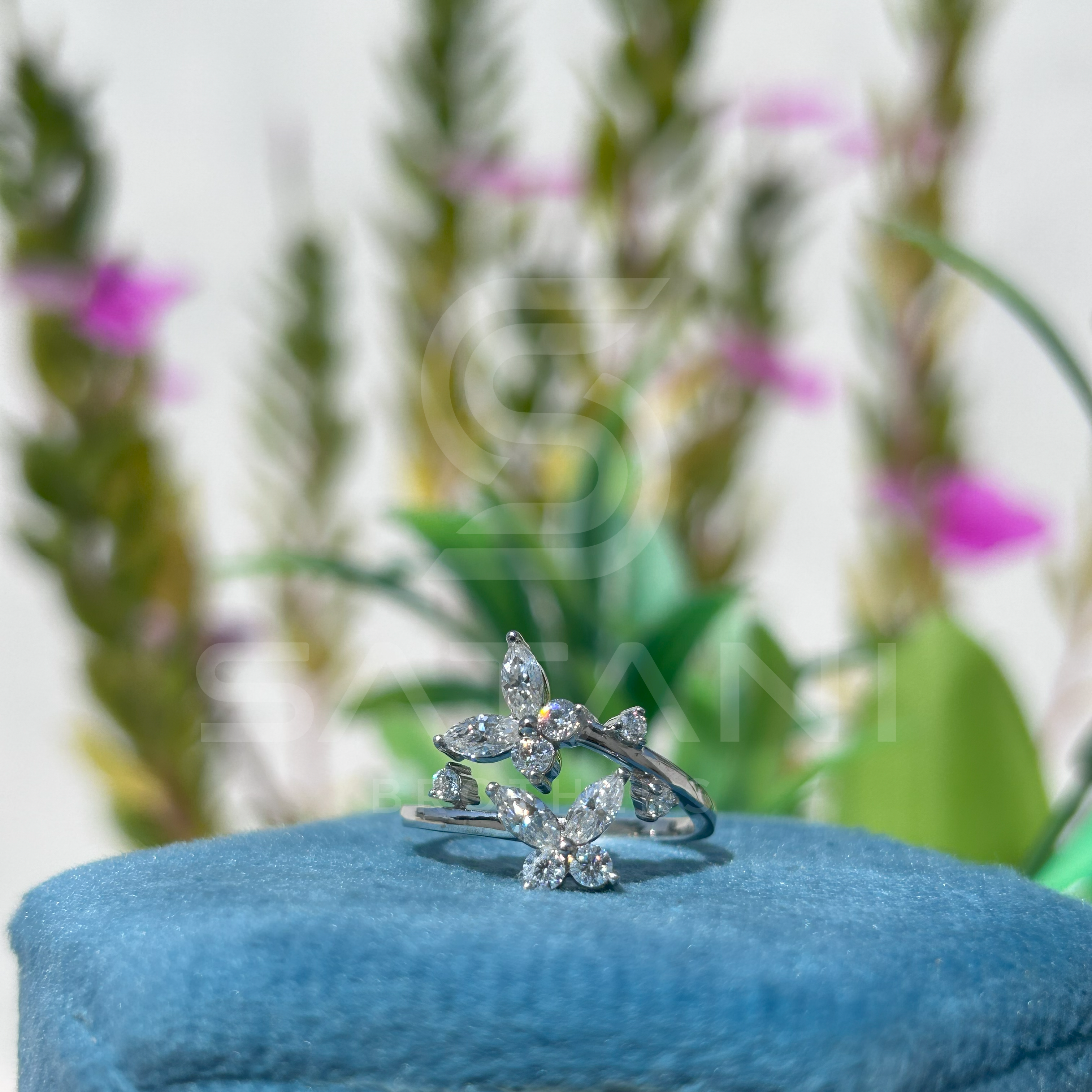 "Floral Butterfly Diamond Ring in White Gold"