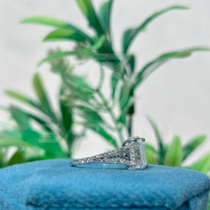 Emerald Cut Moissanite Engagement Ring | Split Shank Pave Band Ring | Three-Stone Bridal Ring | Sterling Silver Proposal Ring