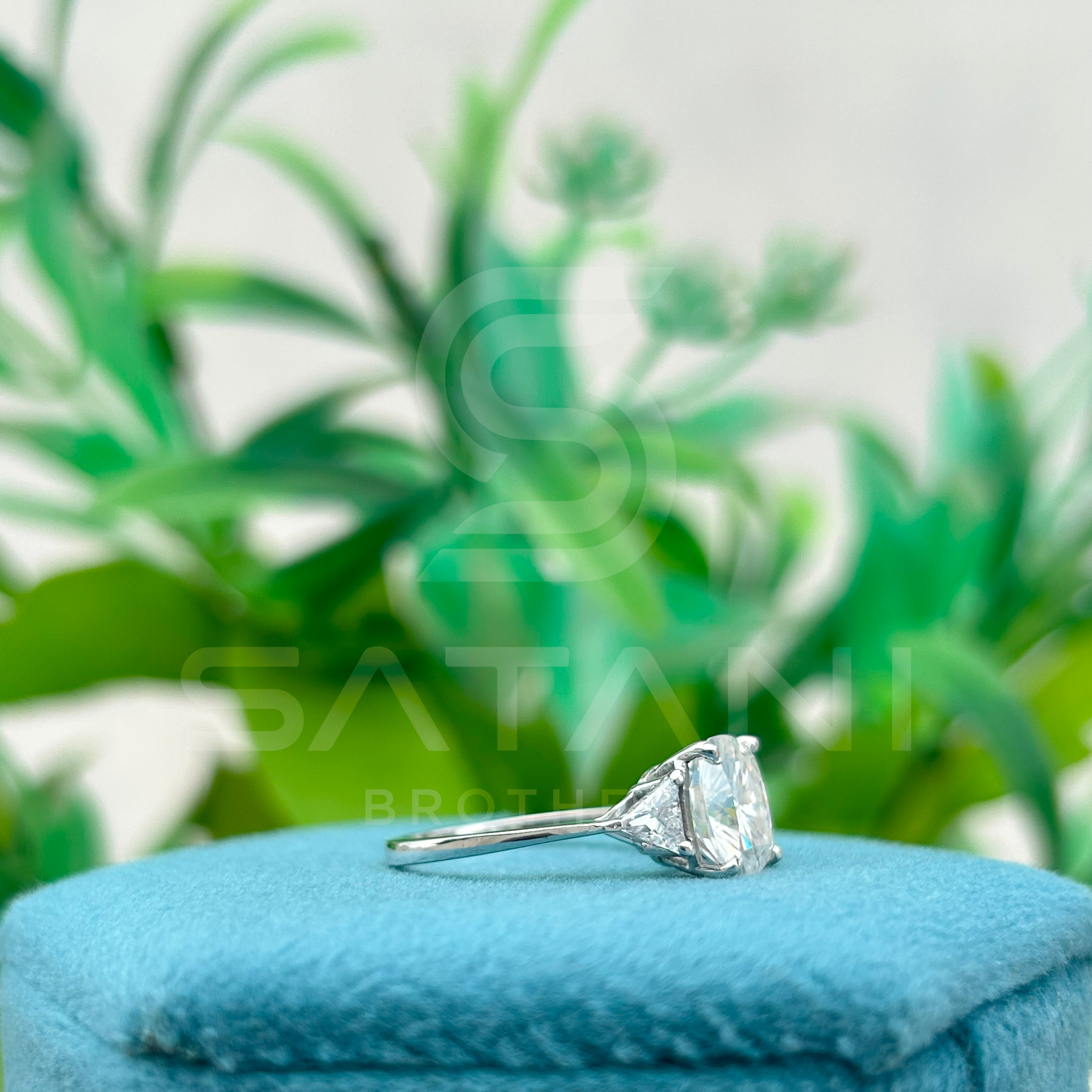Cushion Cut Moissanite Engagement Ring with Triangle Side Stones | Three Stone Bridal Ring in White Gold
