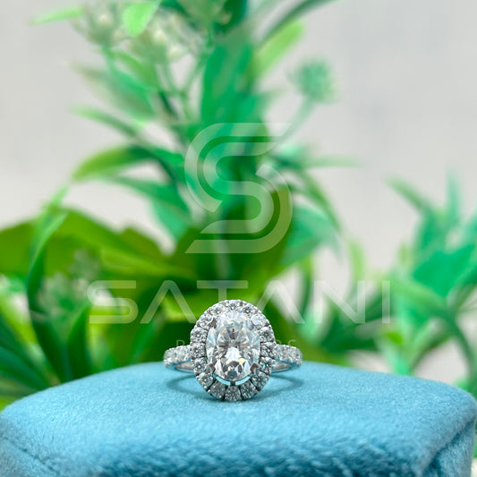 Oval Moissanite Engagement Ring 7x5mm – Halo Design with Side Stones, Classic Moissanite Wedding Ring, Dainty Promise Ring