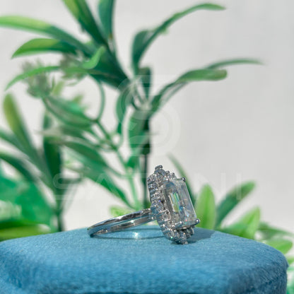 Emerald Cut Moissanite Halo Engagement Ring – Vintage Inspired Moissanite Jewellery in White Gold, Bridal Statement Ring by Satani Brothers