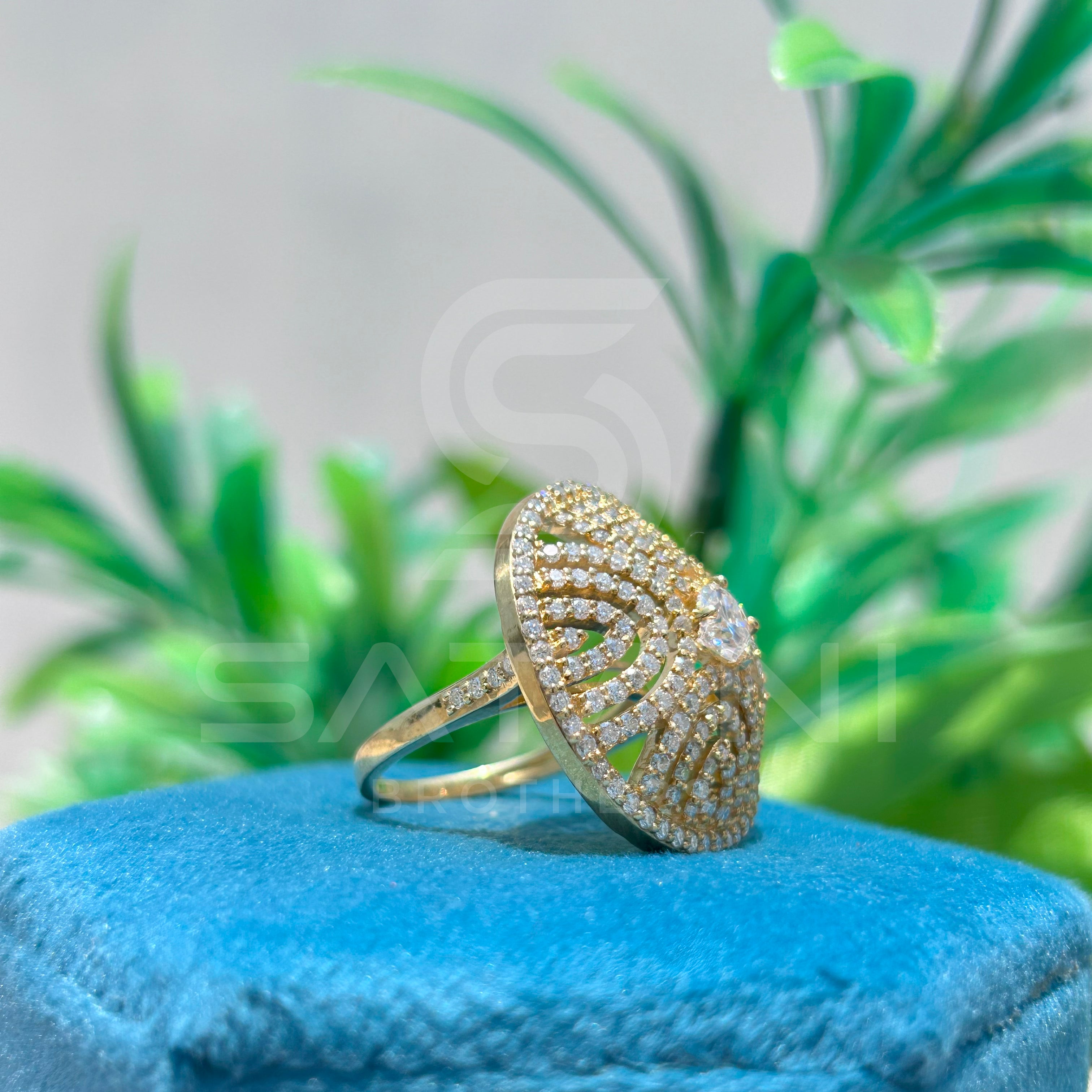 Moissanite Diamond Round Dome Cocktail Ring | 14K Gold Statement Ring | Designer Art Deco Spiral Ring | Satani Brothers Fine Jewelry