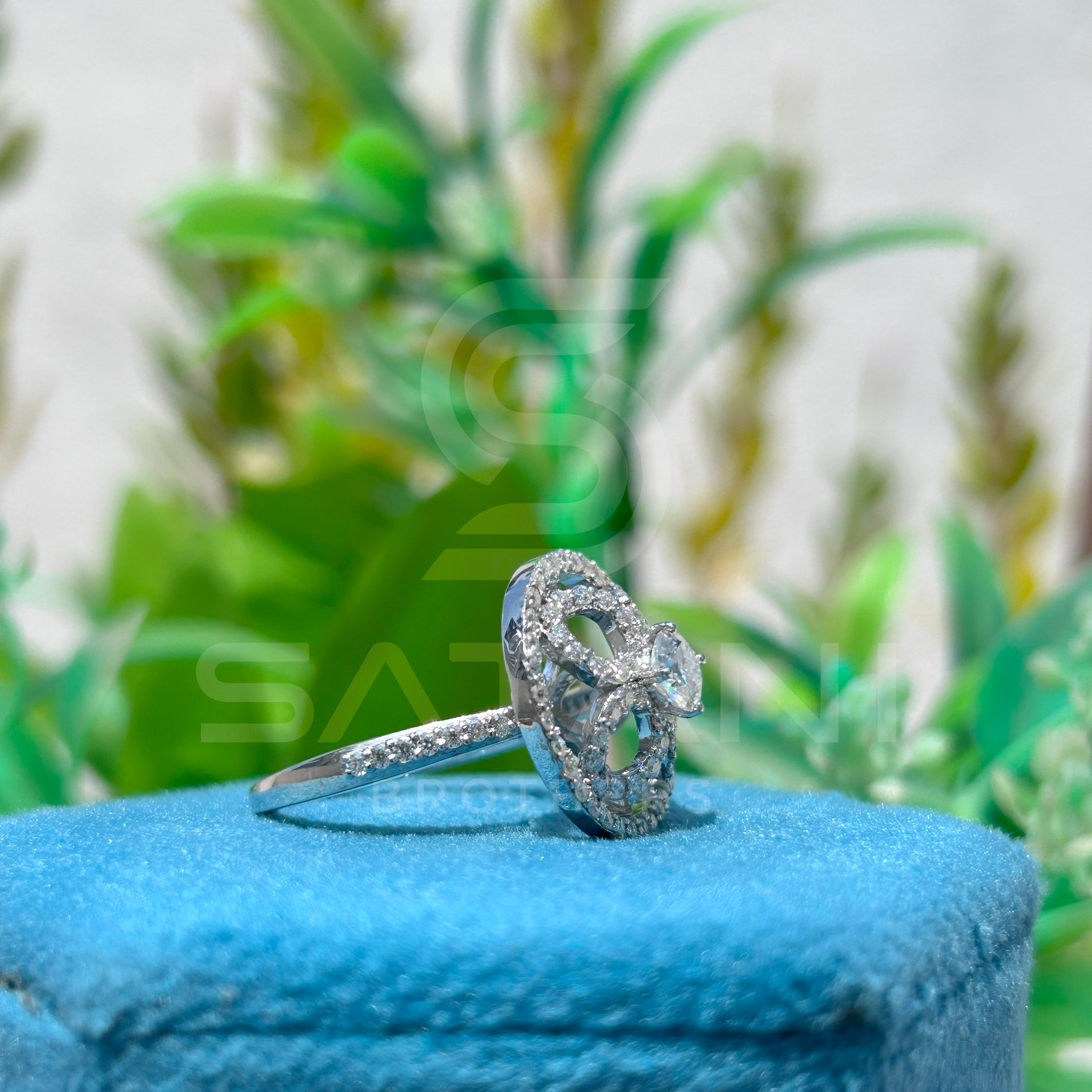 Floral Wheel Moissanite Statement Ring | Designer Round Cut Cocktail Ring in 925 Silver | Bold Geometric Halo Ring | Satani Brothers Jewelry