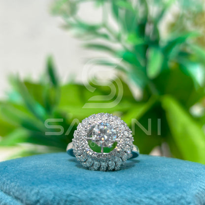 Round Halo Moissanite Statement Ring – Multi-Layer Pave Setting – Available in 925 Silver, 10K, 14K, 18K White or Rose Gold