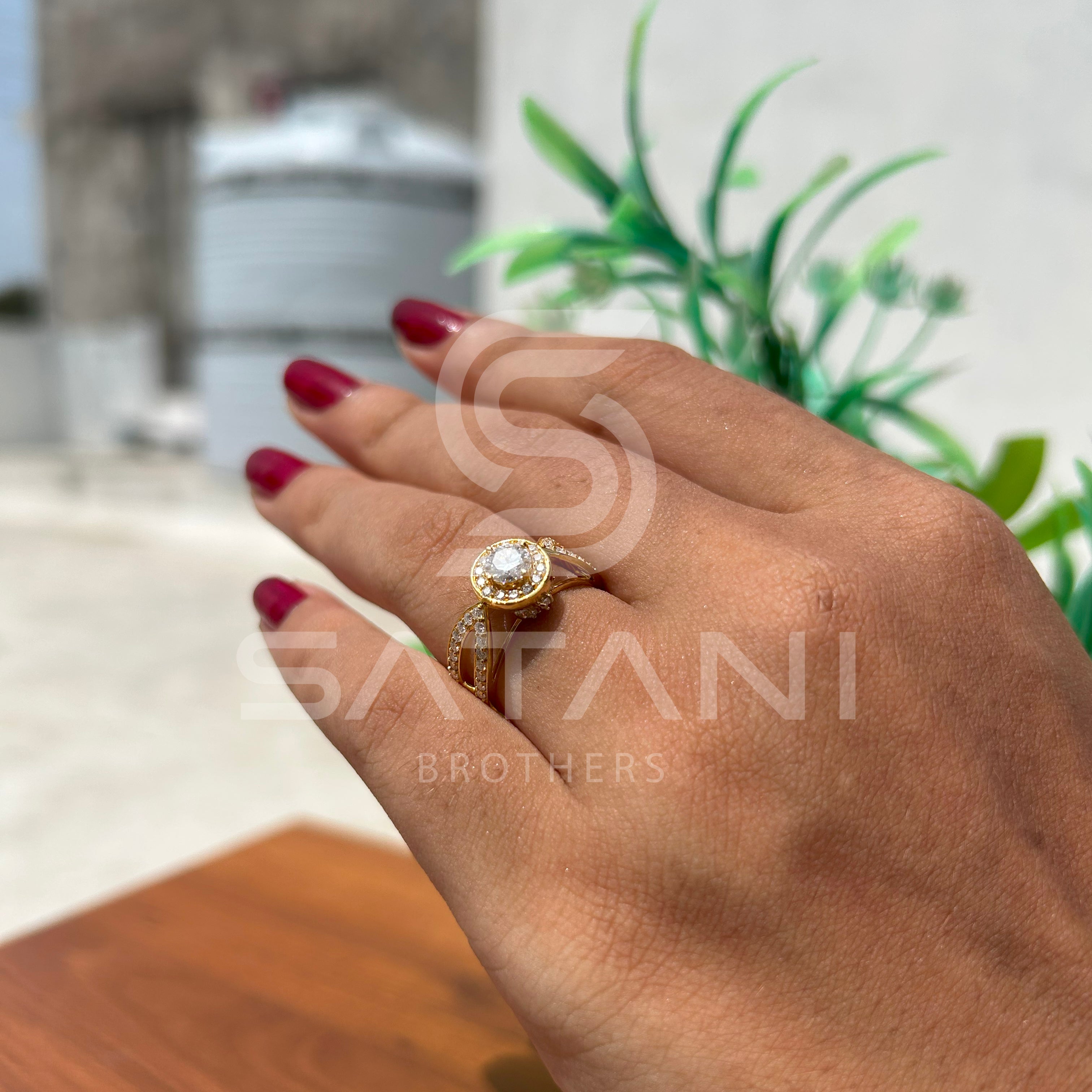 "Gold Moissanite Engagement Ring – Round Cut Solitaire with Halo and Split Shank Pave Band, Unique Diamond Alternative Bridal Ring"