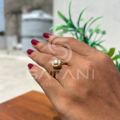 "Gold Moissanite Engagement Ring – Round Cut Solitaire with Halo and Split Shank Pave Band, Unique Diamond Alternative Bridal Ring"