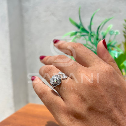 "Floral Bypass Diamond Ring – Adjustable Petal Design with Brilliant Round Center Stone"