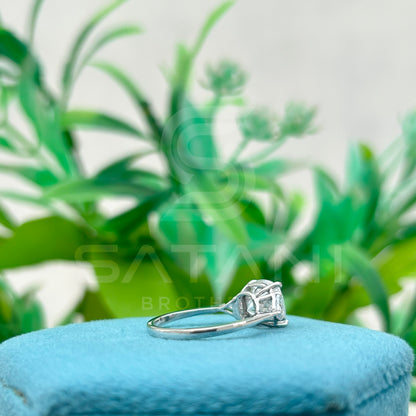 Cushion Cut Moissanite Engagement Ring with Triangle Side Stones | Three Stone Bridal Ring in White Gold