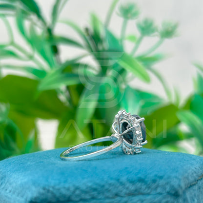 "Oval Black Diamond Halo Ring in White Gold"