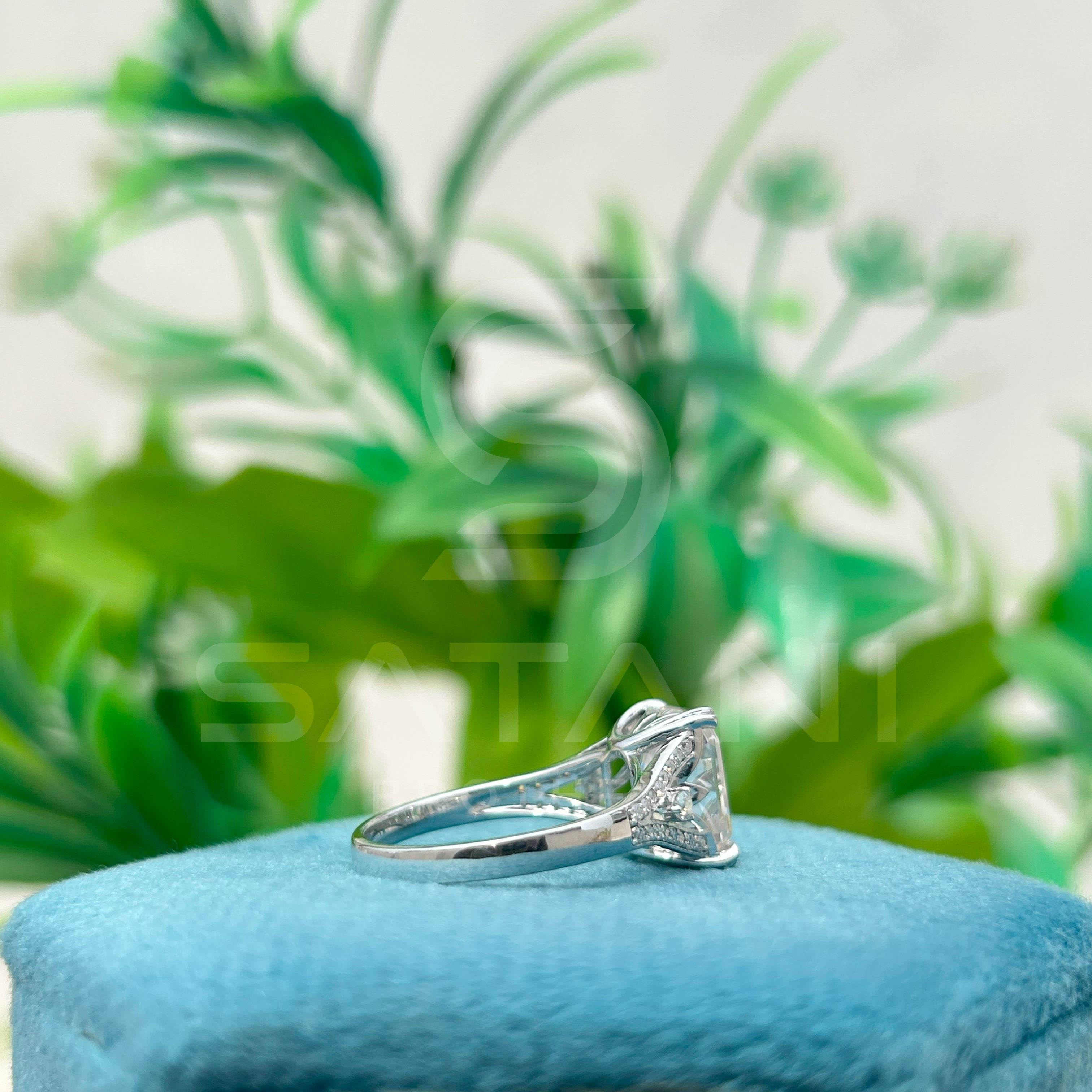 "Emerald Cut Moissanite Engagement Ring with Side Accents in Sterling Silver"