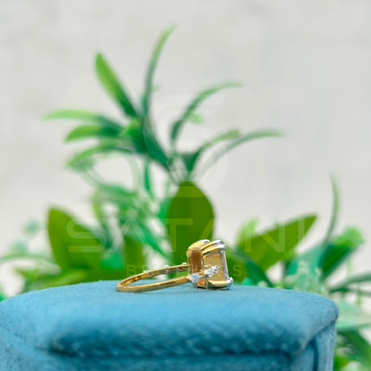 Emerald Cut Moissanite Ring with Side Accents | Two-Tone Yellow Gold & Silver Engagement Ring | Unique Vintage-Inspired Bridal Ring