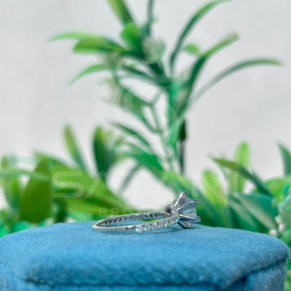 Classic Moissanite Solitaire Engagement Ring | 6-Prong Round Cut with Pave Band | Dainty Sparkling Proposal Ring | Timeless Bridal Jewelry