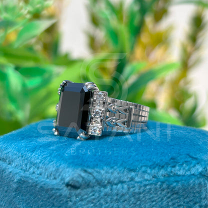 Men’s Black Onyx Emerald Cut Ring – Vintage Art Deco Statement Ring with Side Stones
