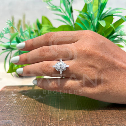 Radiant Sunburst Moissanite Engagement Ring | Starburst Halo Ring with Round Center Stone | Art Deco Inspired Statement Ring | Bridal Jewelry