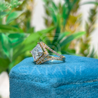 “Princess Cut Diamond Ring with Double Halo Split Shank – Statement Engagement Ring, 14K Gold Luxury Cocktail Ring”