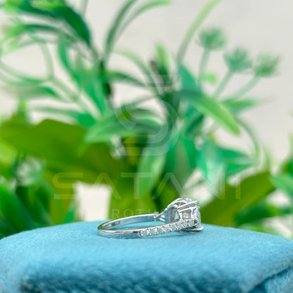 14K White Gold Moissanite Engagement Ring | 9mm Round Center Stone with Trillion Side Stones & Pave Band | Classic Three Stone Ring