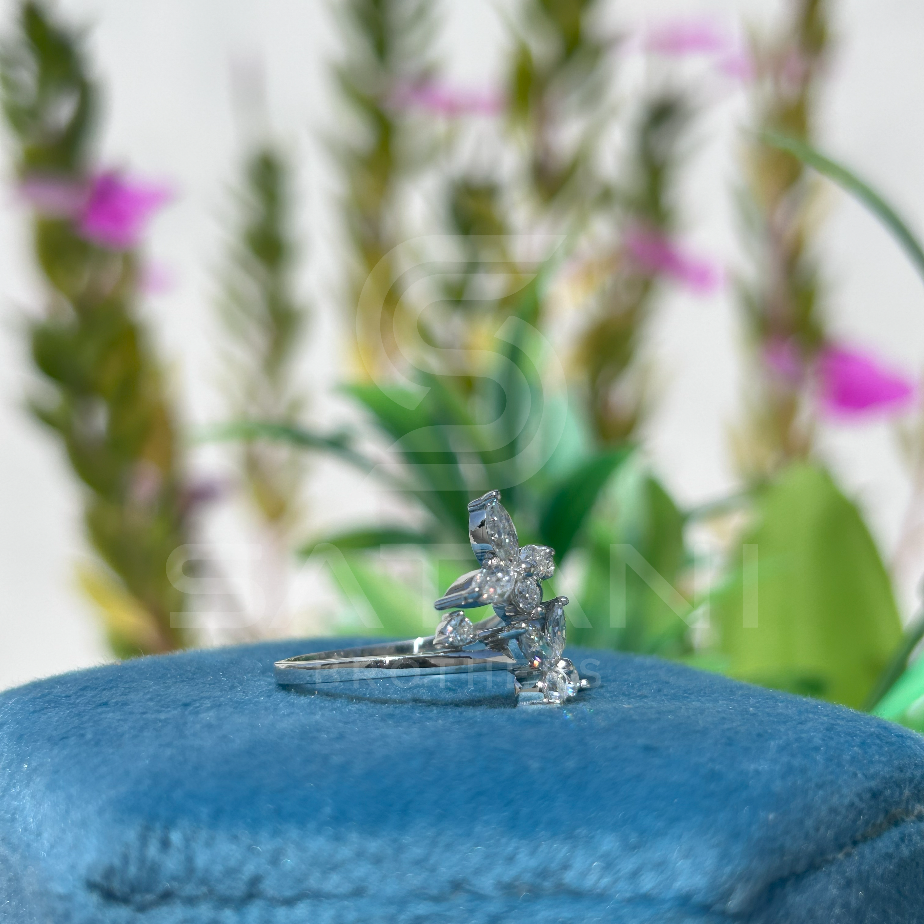 "Floral Butterfly Diamond Ring in White Gold"