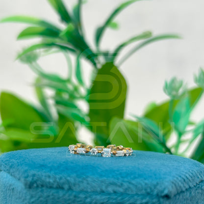 Baguette, Round and Princess Cut Moissanite Eternity Band – 14K Yellow Gold Multi Cut Full Eternity Ring, Stacking Wedding Band