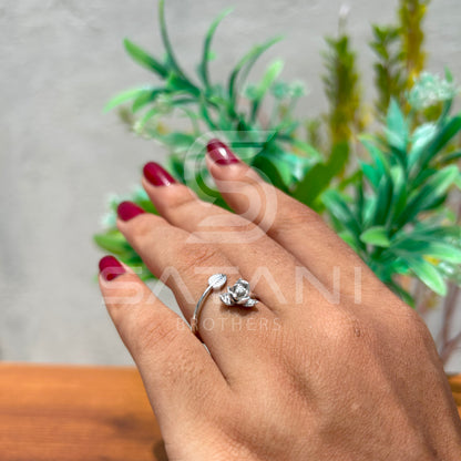 Sterling Silver Rose & Leaf Adjustable Ring – Nature-Inspired Floral Design