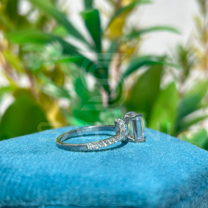 Emerald Cut Moissanite Engagement Ring | Solitaire Ring with Diamond Accent Band | Minimalist Proposal Ring | Modern Bridal Jewelry