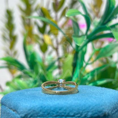 Gold Moissanite Engagement Ring | Round Cut Solitaire with Pave Band | Dainty Split Shank Ring | Minimalist Promise Ring | 925 Gold Plated Silver