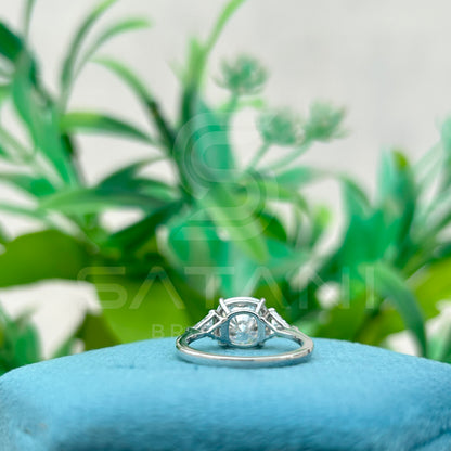 Cushion Cut Moissanite Engagement Ring with Triangle Side Stones | Three Stone Bridal Ring in White Gold