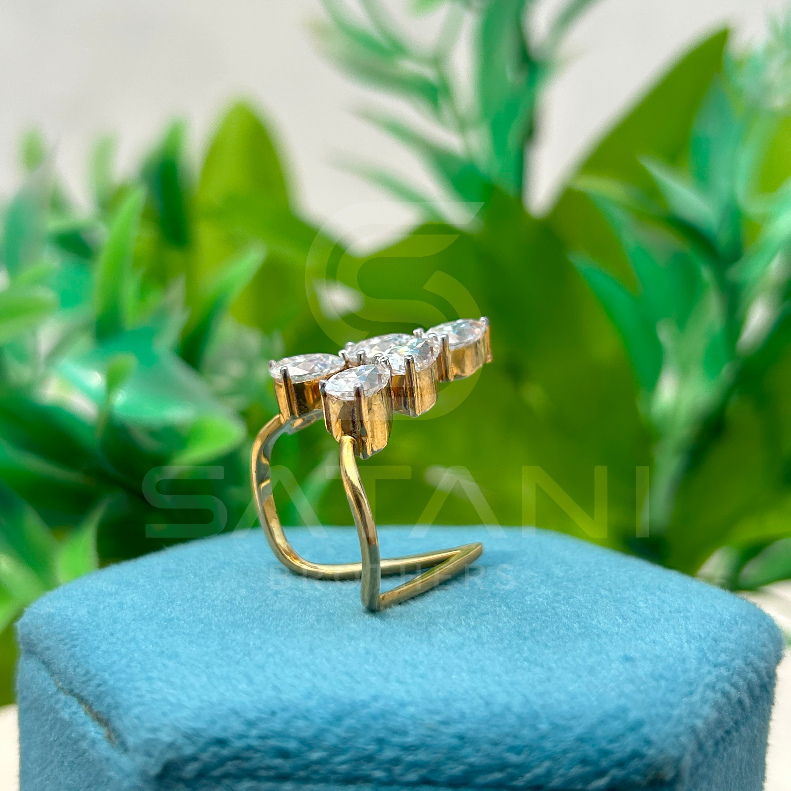 Pear Cut Moissanite Open Statement Ring | Unique Bypass Ring in 14K Gold | Modern Adjustable Cocktail Ring | Bold Bridal Jewelry