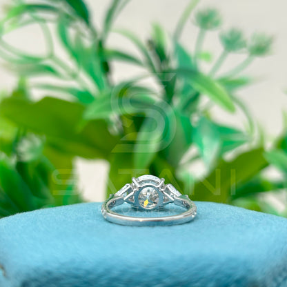 14K White Gold Moissanite Engagement Ring | 9mm Round Center Stone with Trillion Side Stones & Pave Band | Classic Three Stone Ring