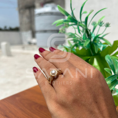 "Gold Moissanite Engagement Ring – Round Cut Solitaire with Halo and Split Shank Pave Band, Unique Diamond Alternative Bridal Ring"