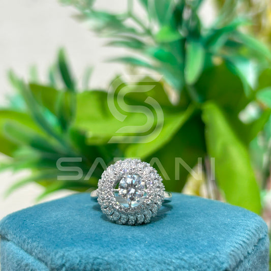 Round Halo Moissanite Statement Ring – Multi-Layer Pave Setting – Available in 925 Silver, 10K, 14K, 18K White or Rose Gold