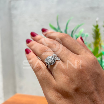 "Floral Bypass Diamond Ring – Adjustable Petal Design with Brilliant Round Center Stone"