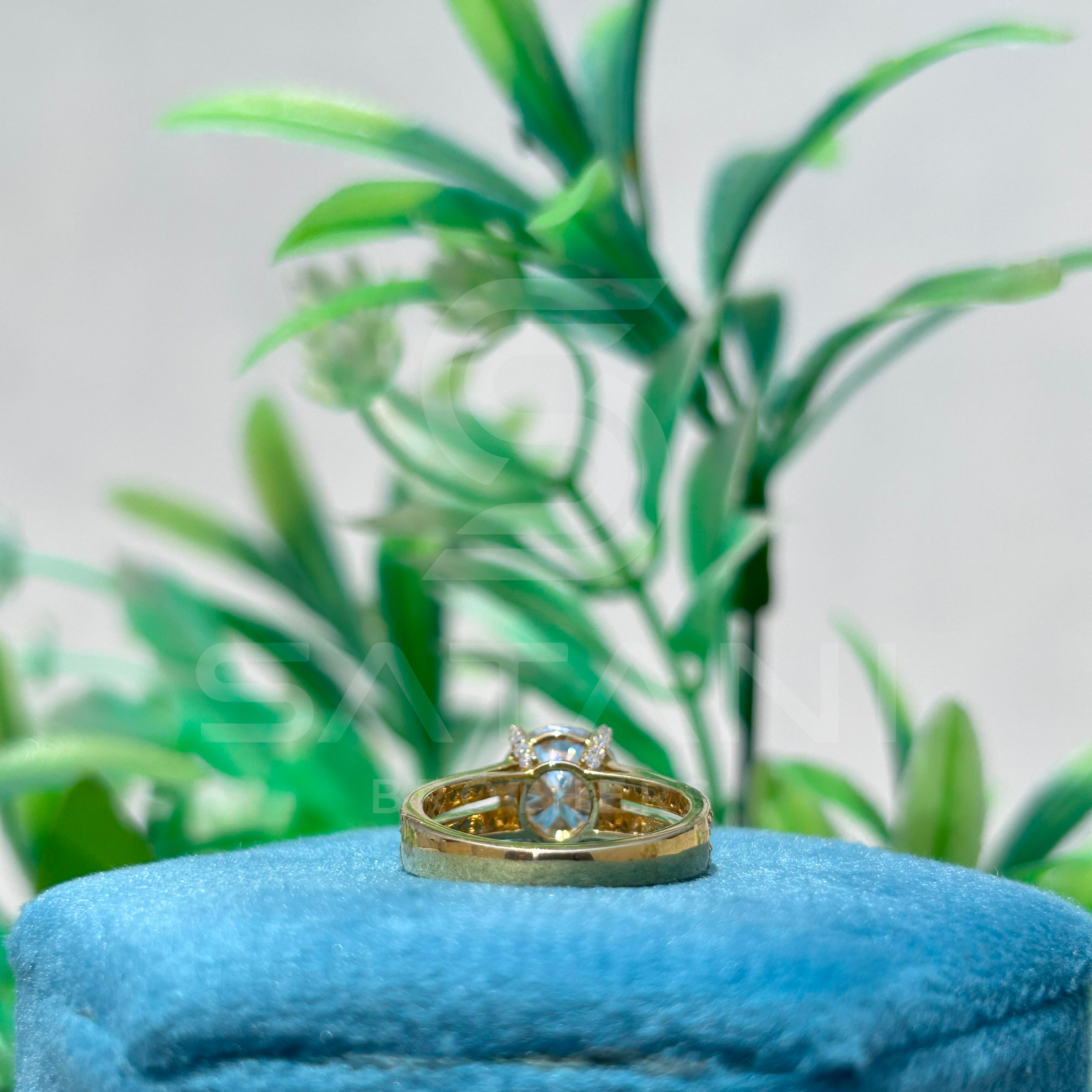 Round Brilliant Cut Diamond Engagement Ring with Double Pave Band in Yellow Gold