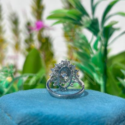 Floral Halo Moissanite Ring | Oval Center with Round & Princess Accents | Regal Engagement or Party Ring
