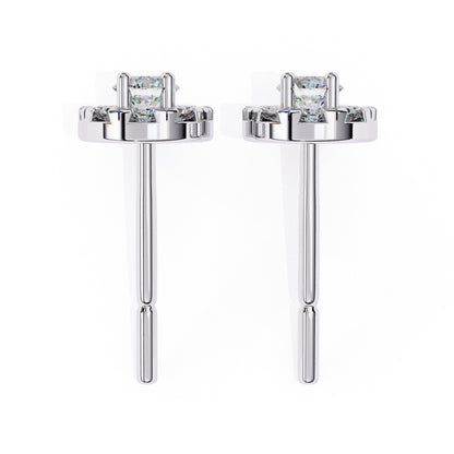 Round Diamond Halo Stud Earrings in 925 Sterling Silver – 0.27 Ct Total, Center 3.2 mm & Side 1.6 mm Diamonds, 2g