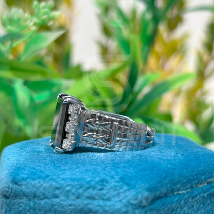 Men’s Black Onyx Emerald Cut Ring – Vintage Art Deco Statement Ring with Side Stones
